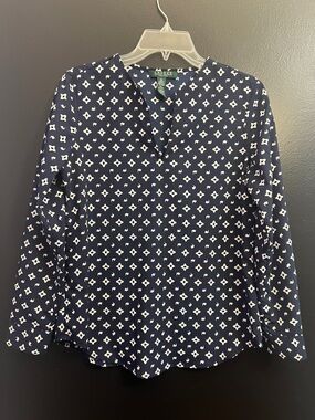 Lauren Ralph Lauren Navy and White Geo-Print V-Neck Blouse